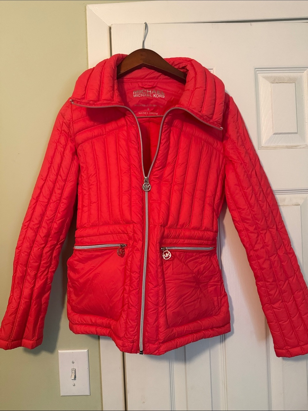 Michael Kors Red Quilted Puffer Jacket with Zip Pockets